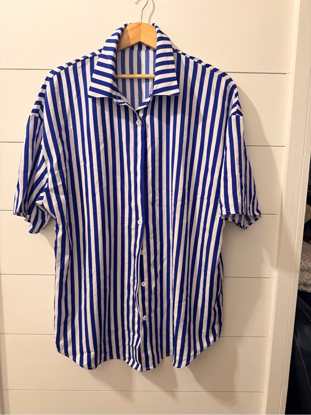 SHEIN Blue and White Vertical Stripe Short-Sleeve Button-Down Shirt